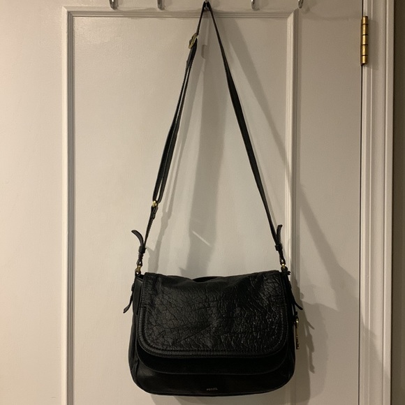 Fossil Black Pebbled Distressed leather Crossbody Messenger Suede Flap front Bag - Picture 4 of 16